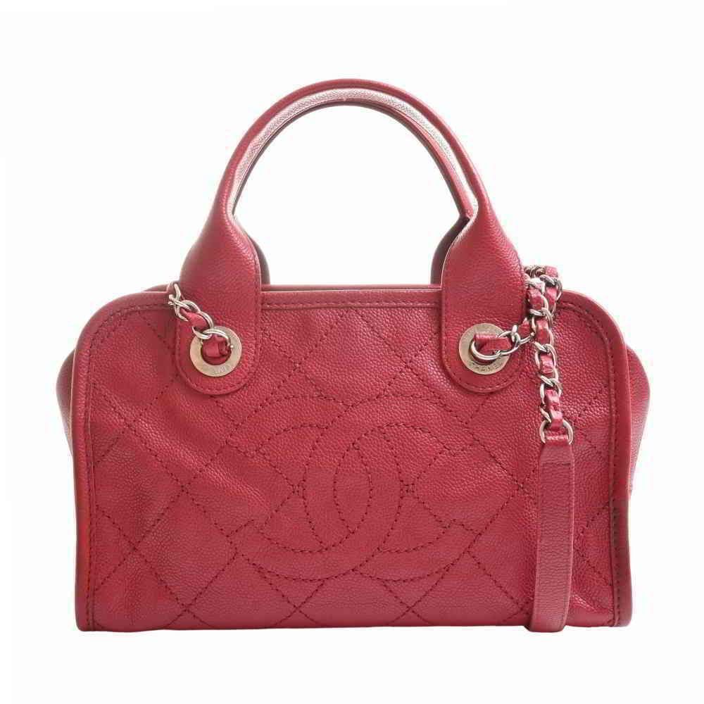 Chanel Caviar Skin Matelasse Here Mark Chain Shoulder Bag Mini Boston Bag Red